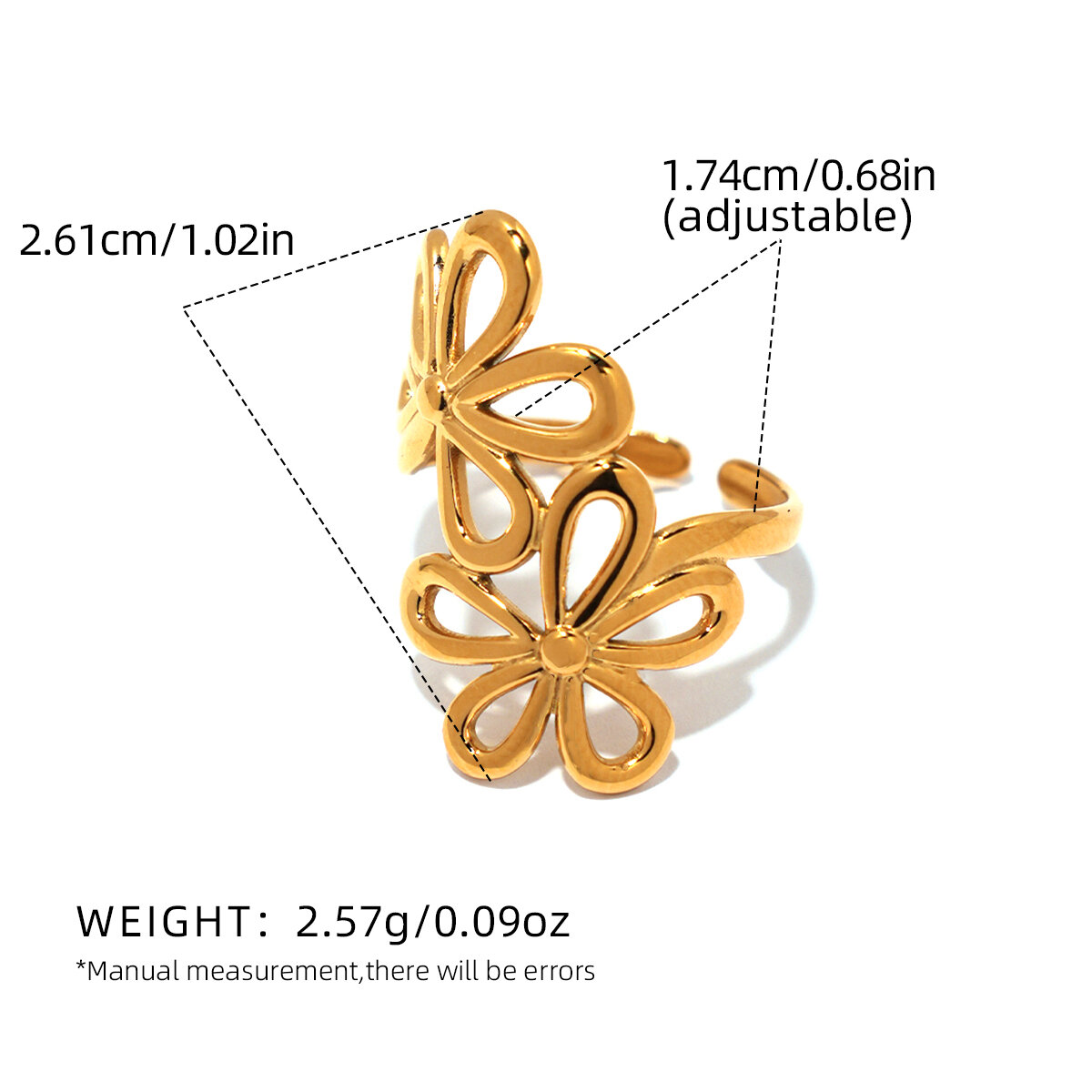 1 Piece  Natural Flower Stainless Steel Waterproof   Gold Color Women's  Statement Rings h5 