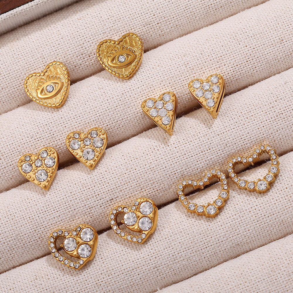 1 Pair Heart Stainless Steel Waterproof Gold Color Rhinestone Piercing Earrings h5 Picture3