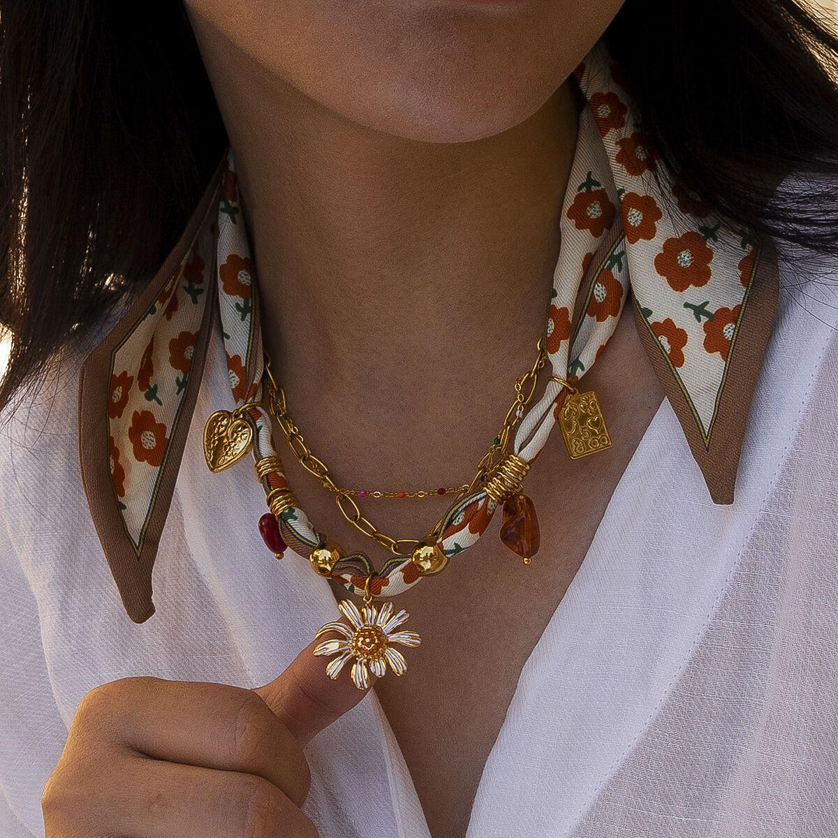 1 Piece Flower Stainless Steel Waterproof Gold Color Fabric Pendant Necklace