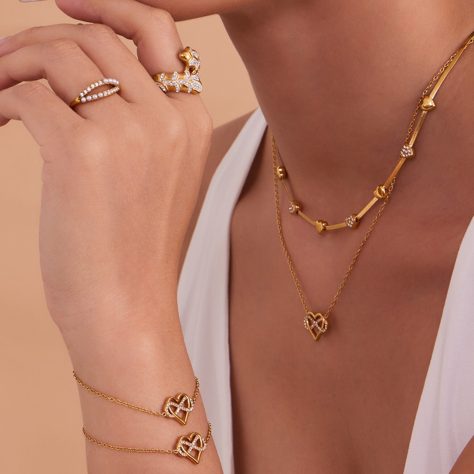 Romantic Heart&Infinity Stainless Steel Waterproof Gold Color Zircon Women's Jewelry Sets 2