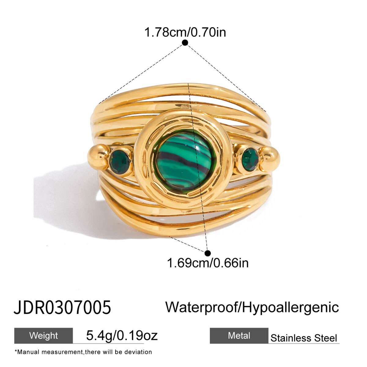 1 Stück klassischer Malachit-Linien-Edelsteinring aus Edelstahl, wasserdicht, goldfarben h5 Bild2