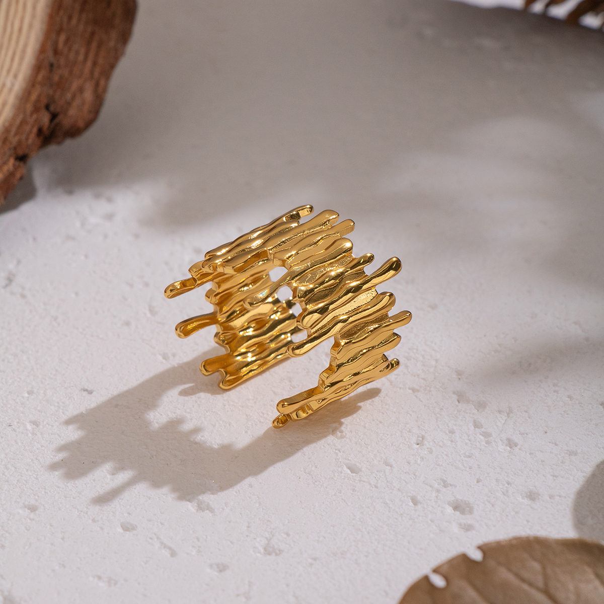 1 Piece Irregular Shape Strip Stainless Steel Waterproof Gold Color Statement Ring h5 Picture5