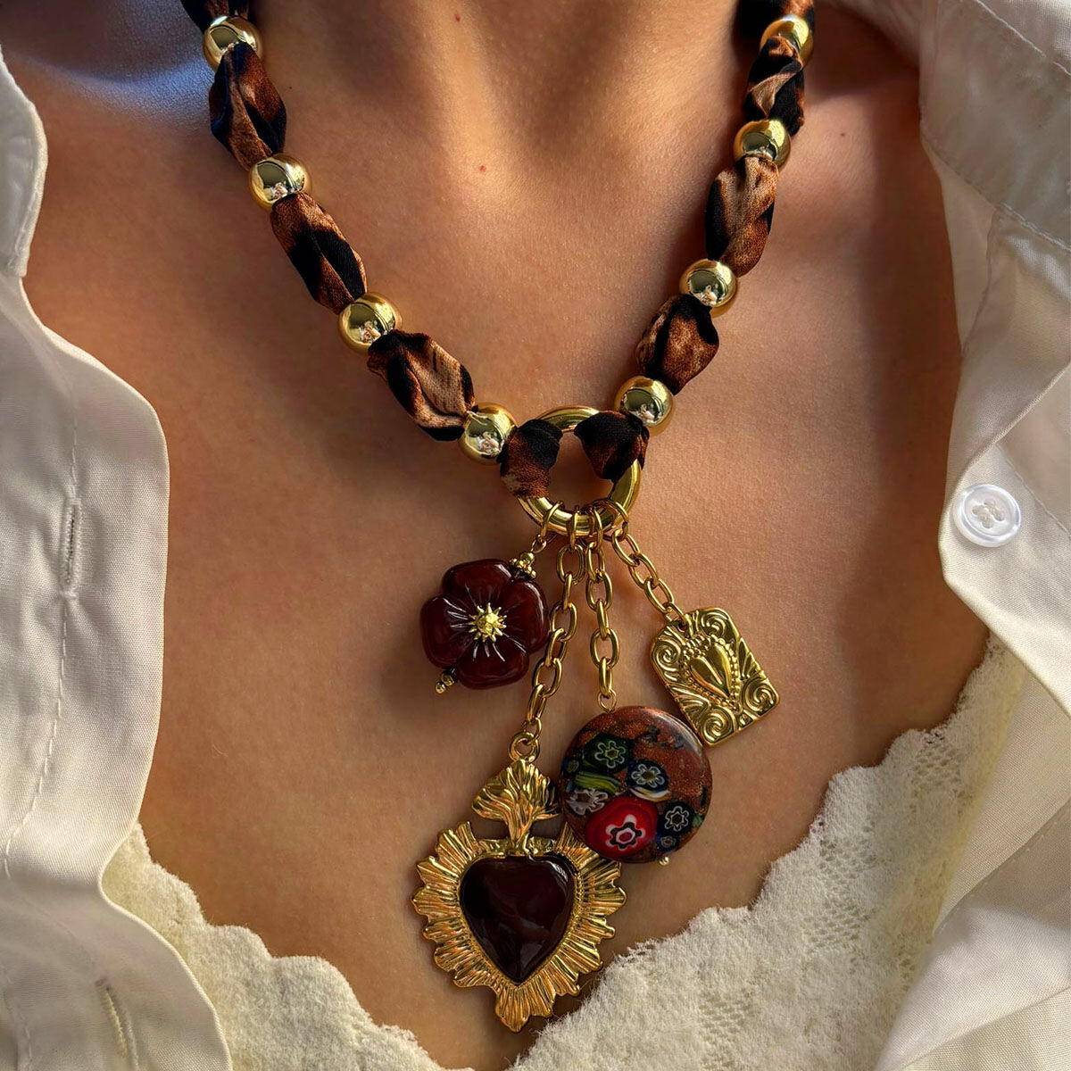1 Piece Leopard Fabric Heart Resin Pendant Necklace