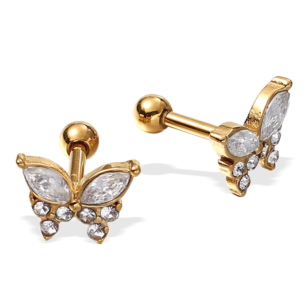 1 Çift Kelebek Desenli Paslanmaz Çelik Su Geçirmez Altın Renk Kristal Piercing Küpe h5Resim5