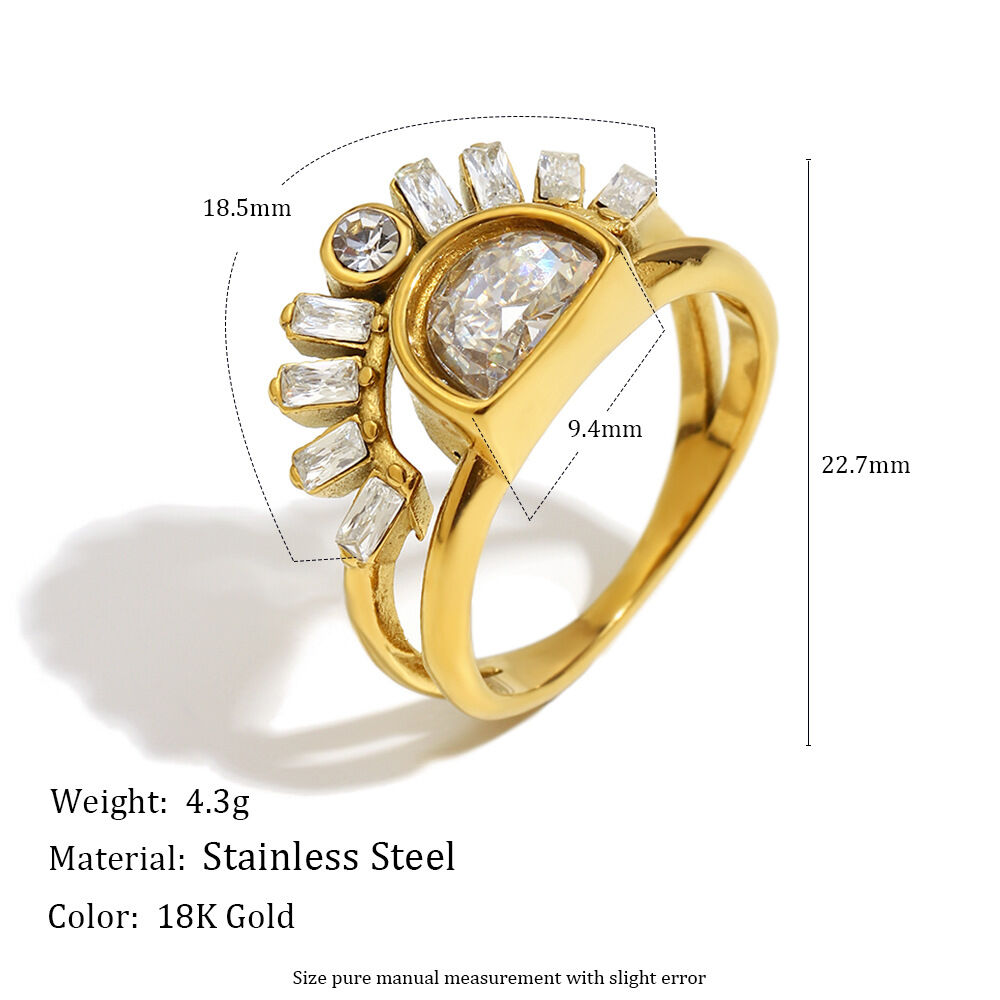 Anillo de acero inoxidable con circonitas de color dorado, resistente al agua, de forma irregular, para mujer, 1 pieza Imagen5