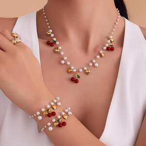 Whimsical Heart&Cherry Stainless Steel Waterproof Gold Color Women's Jewelry Sets h5 Picture2