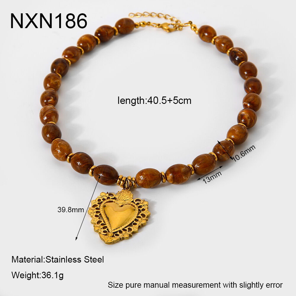 1 Piece Retro Heart Beads Acrylic  Gold Color  Women's Pendant Necklaces h5 