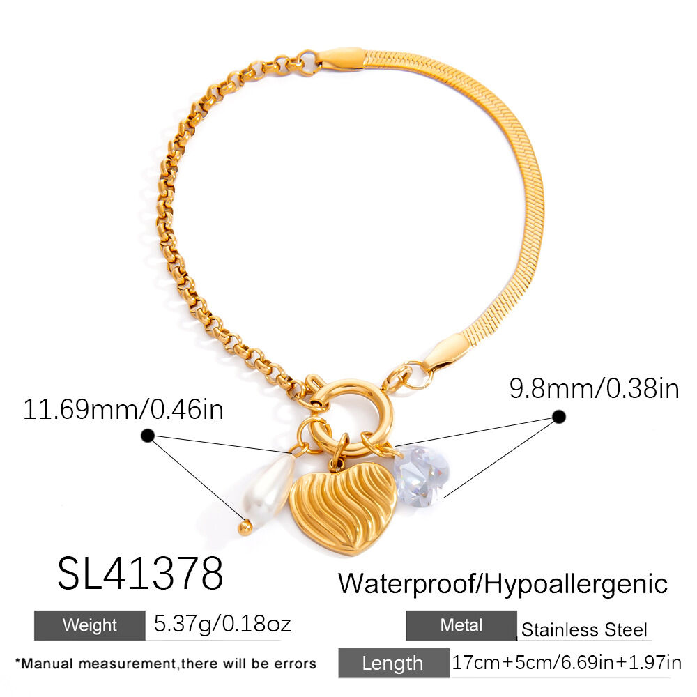1 stuk elegante, waterdichte armband van roestvrij staal met hartje en zirkonia bedeltje
