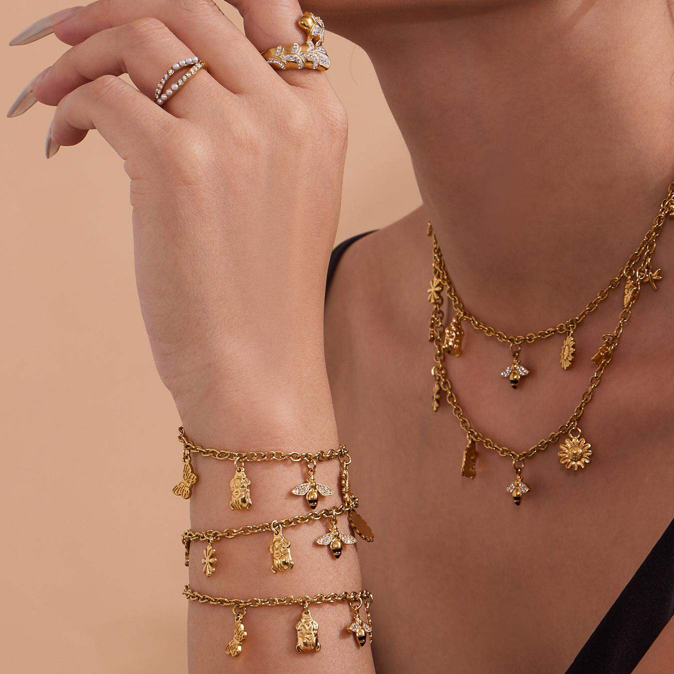 1 Piece Luxurious Flower&Bee Stainless Steel Waterproof Gold Color Women's Pendant Necklaces h5 Picture2