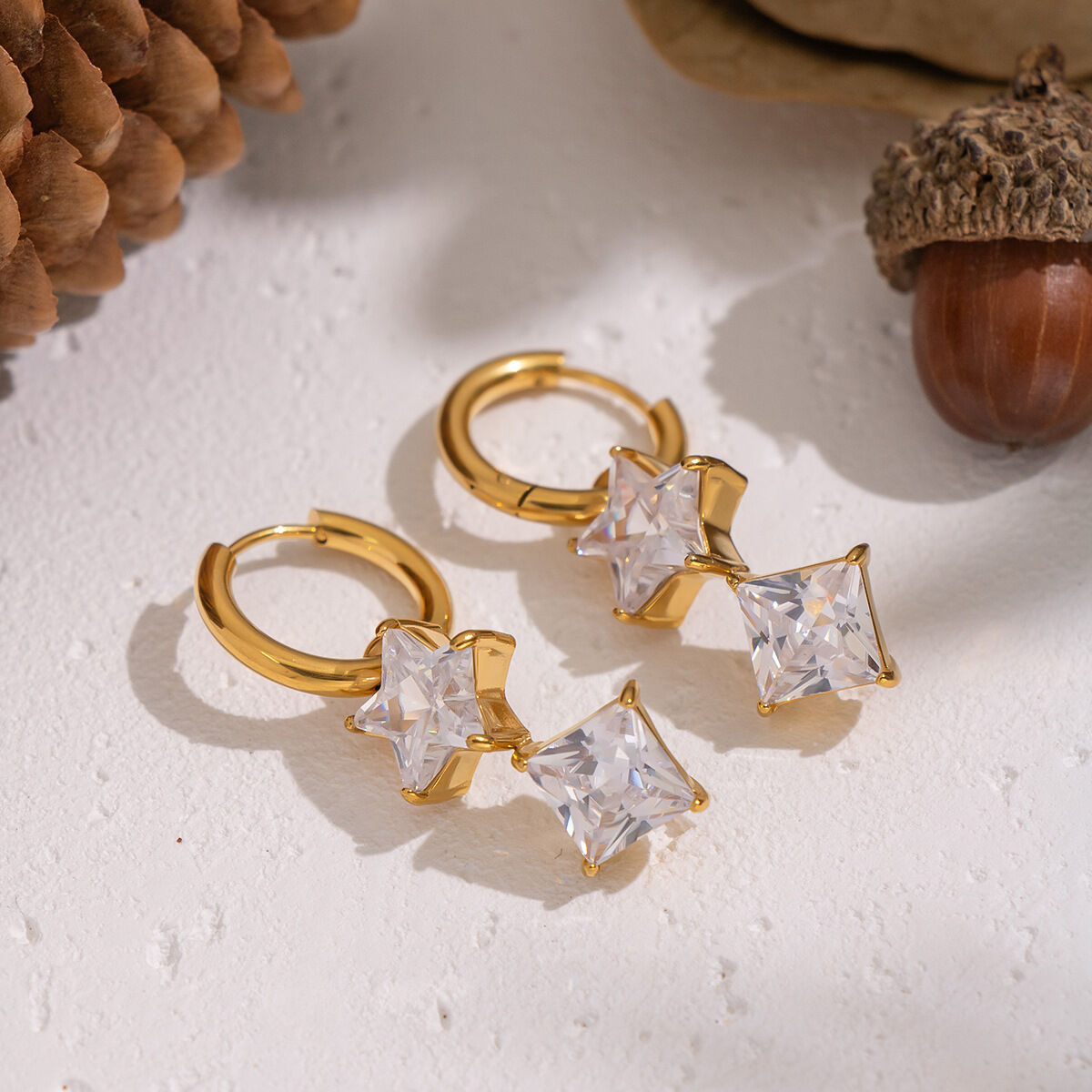 1 Pair Stainless Steel Waterproof Gold Color Star Zircon Drop Earrings