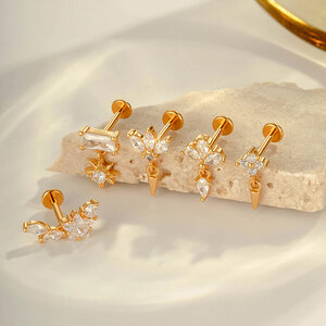 1 Piece Geometric Figure Copper Titanium Alloy Gold Color Zircon Women's Piercing Earrings h5 Picture4