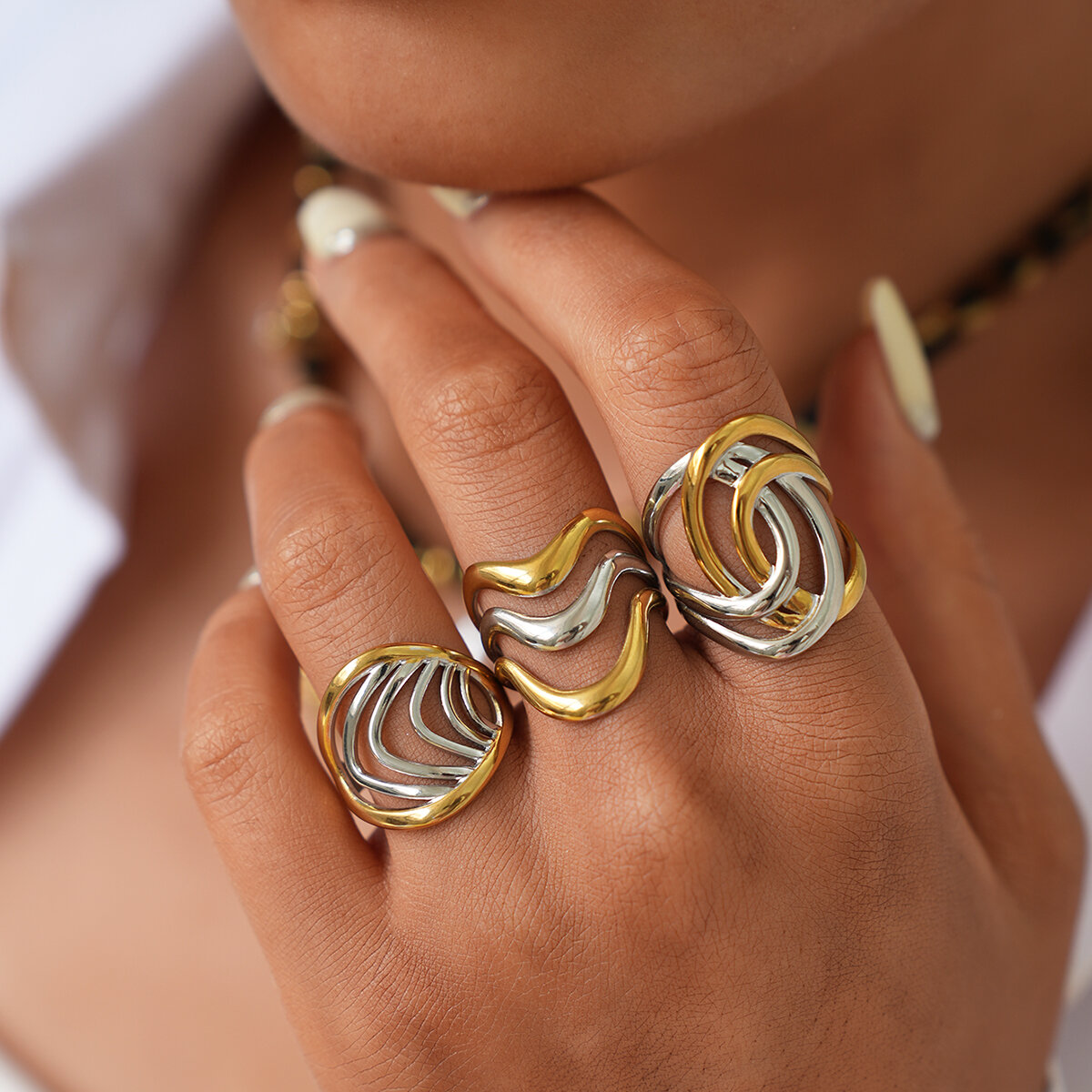 1 Piece Woven Mixed Gold Color And Silver Colors Stainless Steel Waterproof Women‘s  Statement Rings