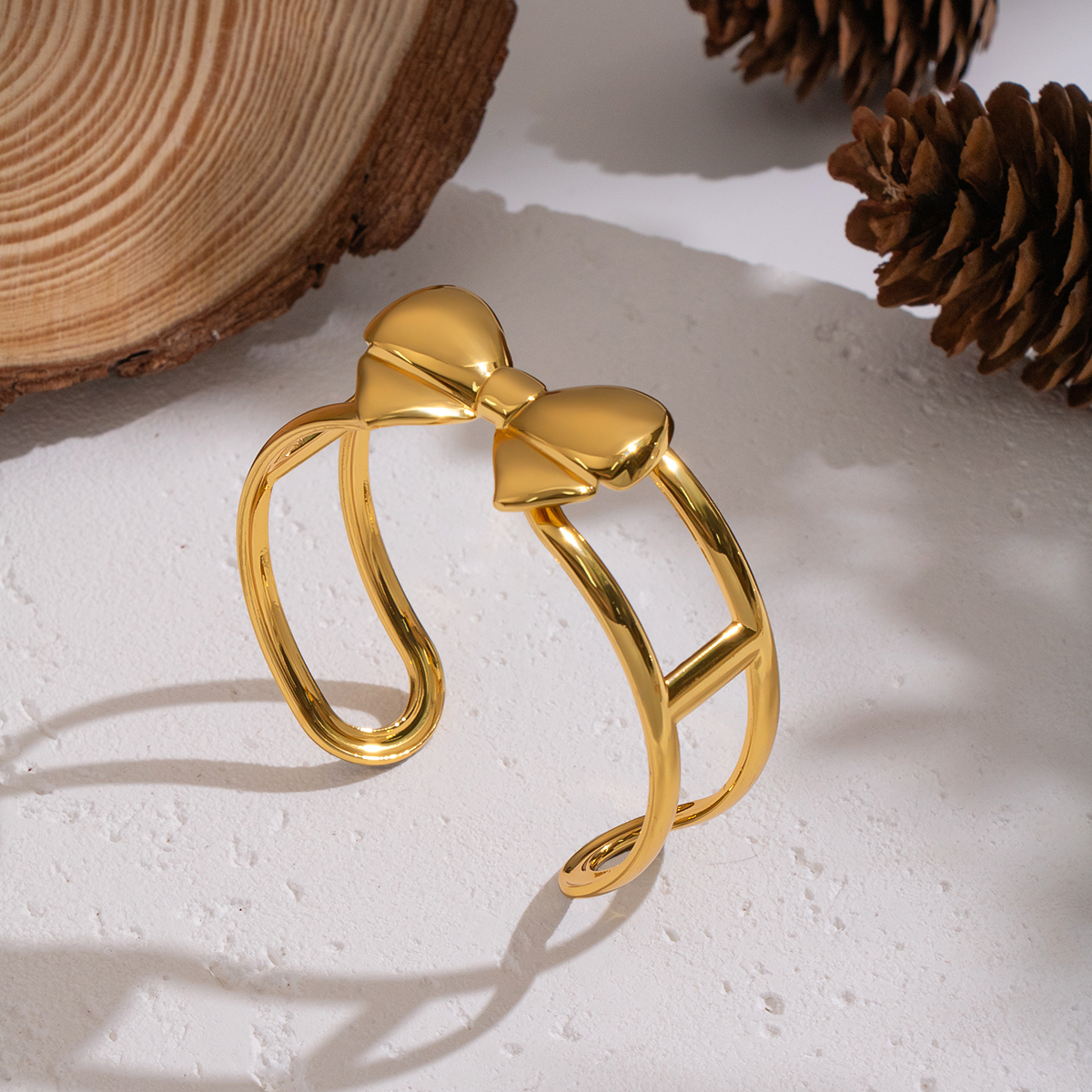 1 Piece Sweet Bow Knot Stainless Steel Waterproof  Gold Color Cuff Bracelet Picture2