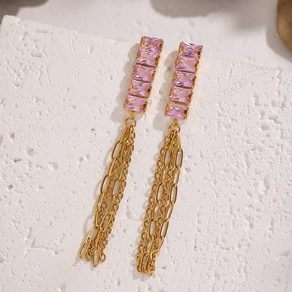 1 Pair Luxurious Tassel Stainless Steel Waterproof Gold Color Zircon Dangle Earrings Picture3