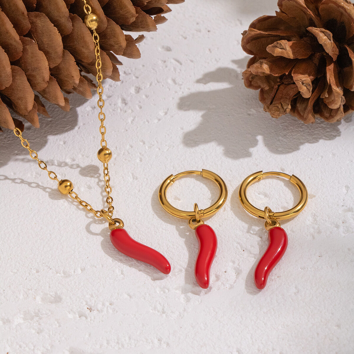 Enamel Chili Stainless Steel Waterproof Gold Color Necklace Set