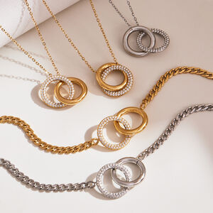 Simple Double Circle Stainless Steel Waterproof Gold Color Zircon Women's Jewelry Sets h5 Picture3