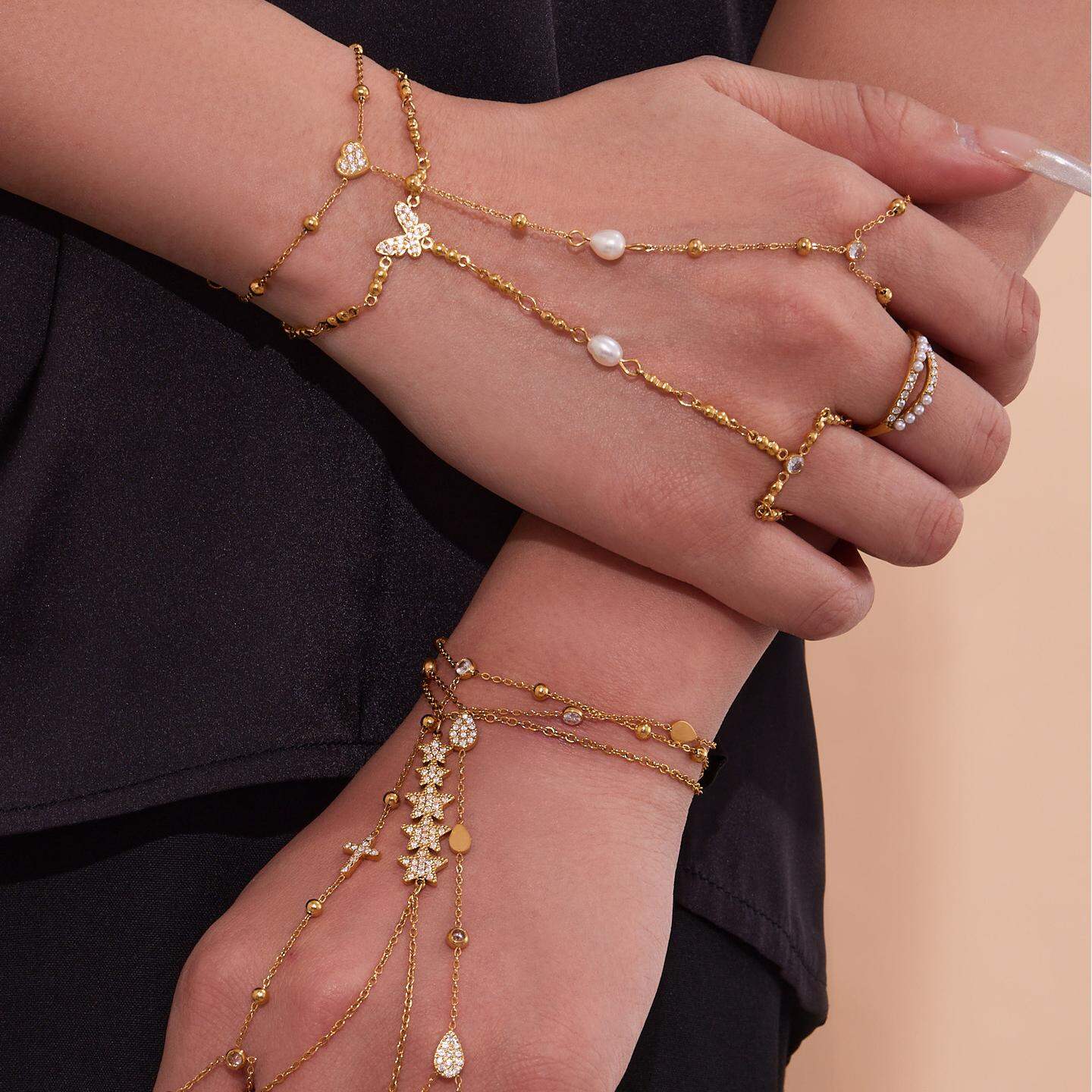 1 Piece Classic Star Stainless Steel Waterproof Gold Color Zircon Women's Chain Bracelets