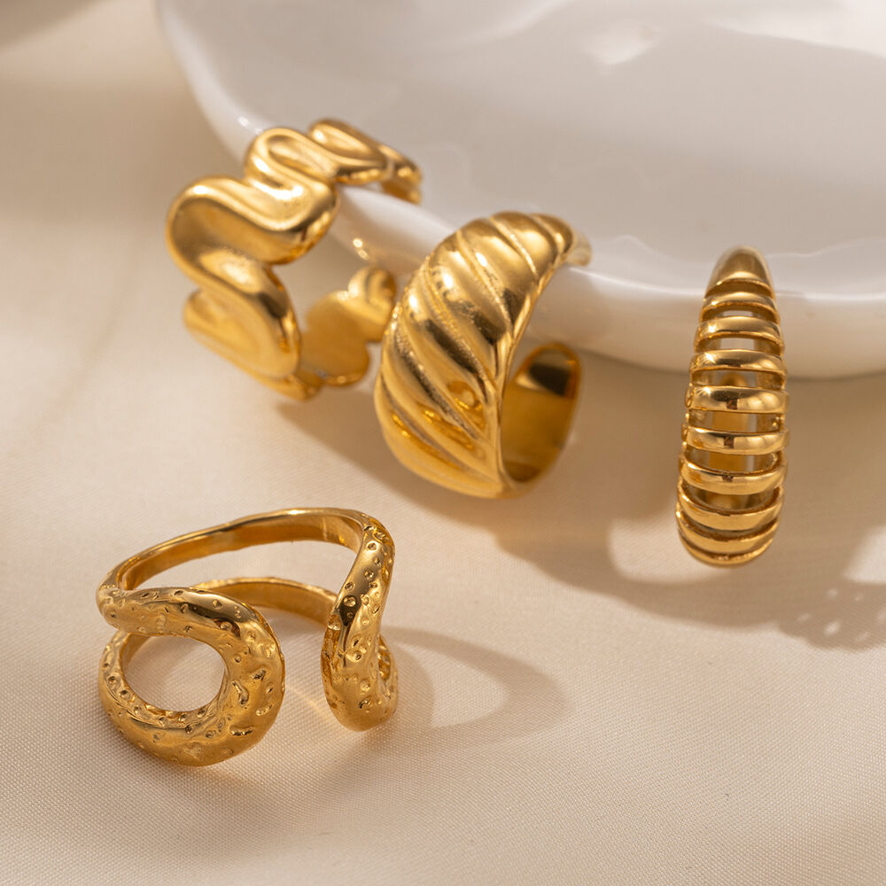 1 Piece Line Shape Stainless Steel Waterproof Gold Color Statement Ring Picture4