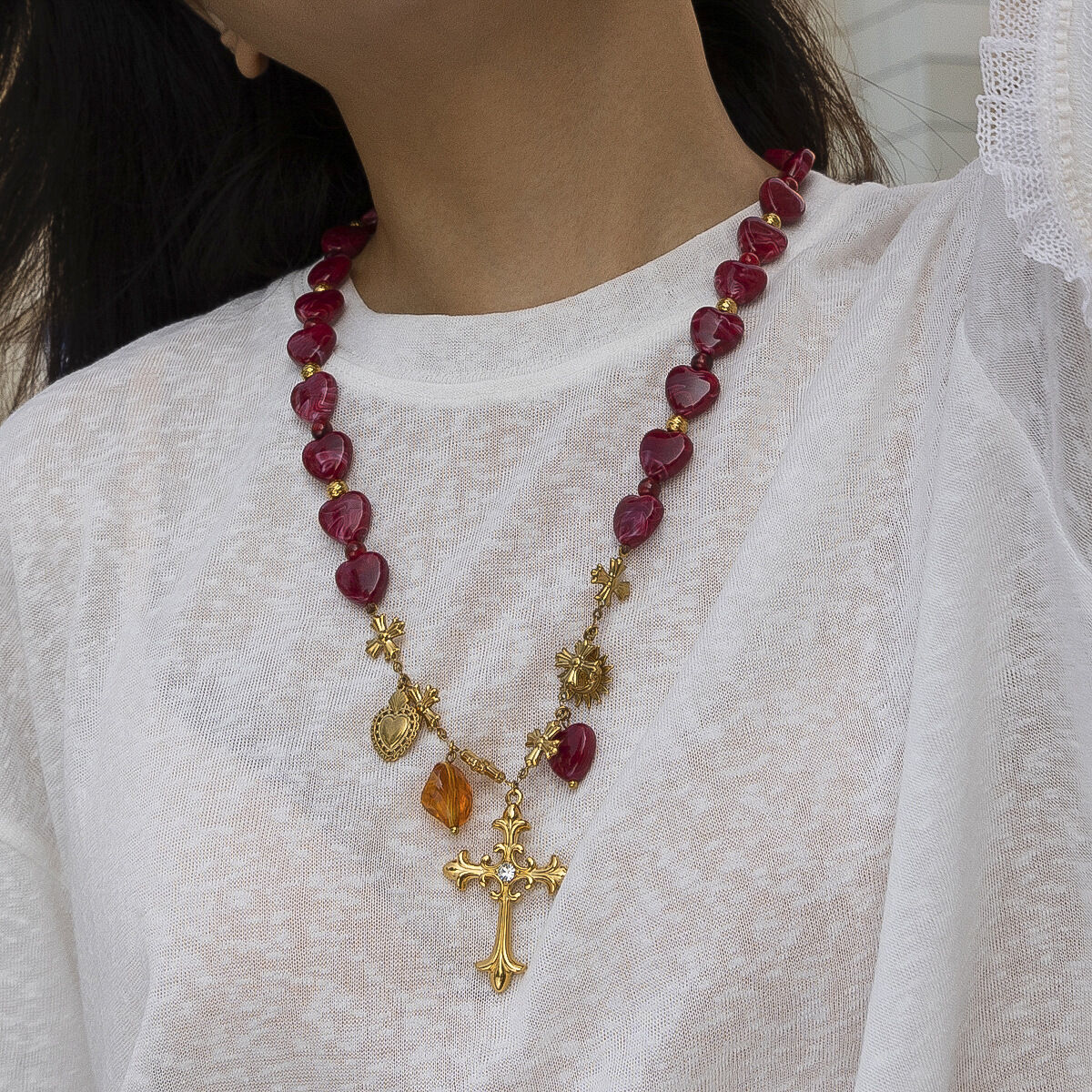 Collar De Cuentas Acrílicas Con Forma De Corazón De 1 Pieza 2