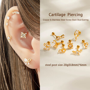 1 Piece Flower Heart Copper Gold Color Zircon Piercing Earring h5 Picture4