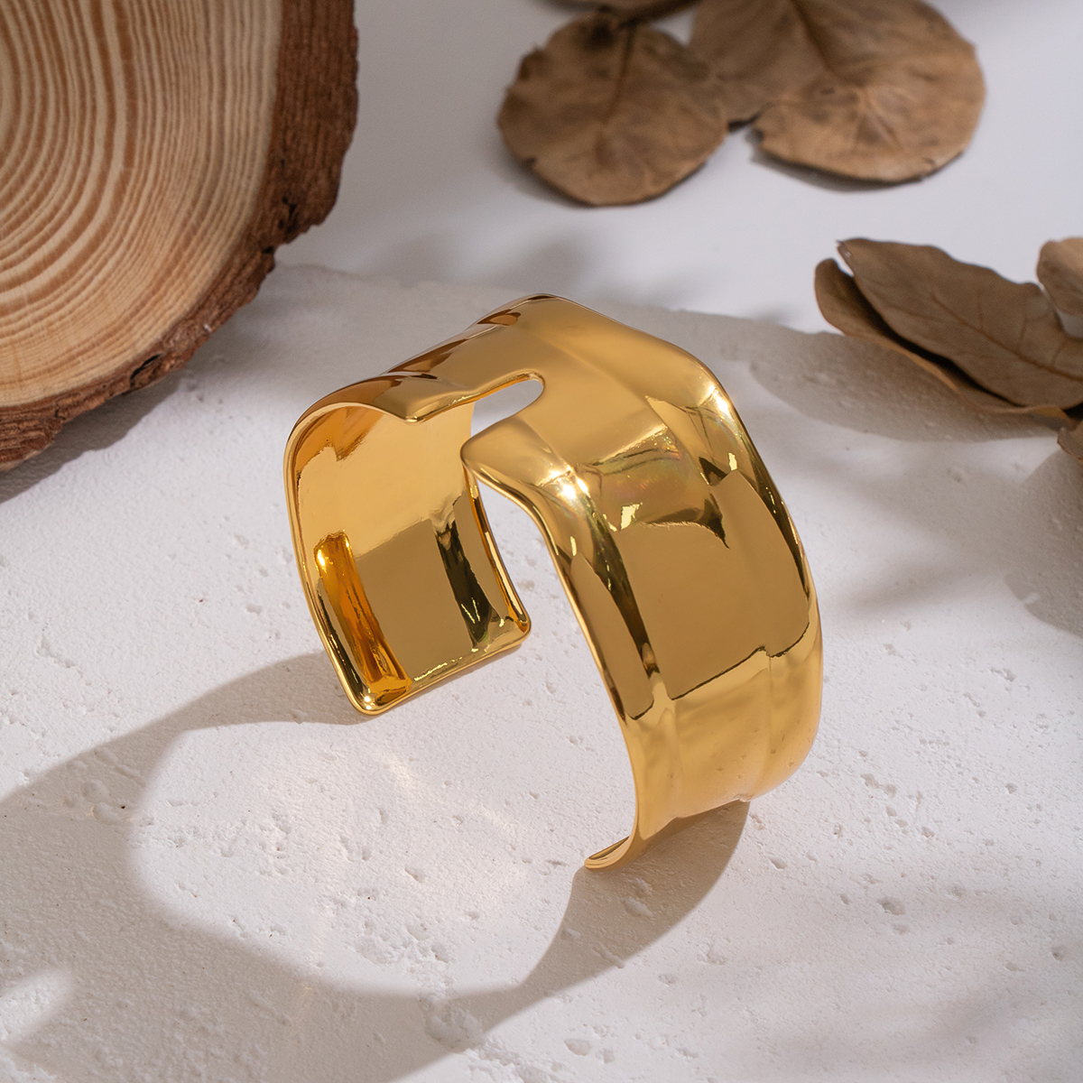 1 Piece Solid Color Stainless Steel Waterproof Gold Color Cuff Bracelet h5 Picture2