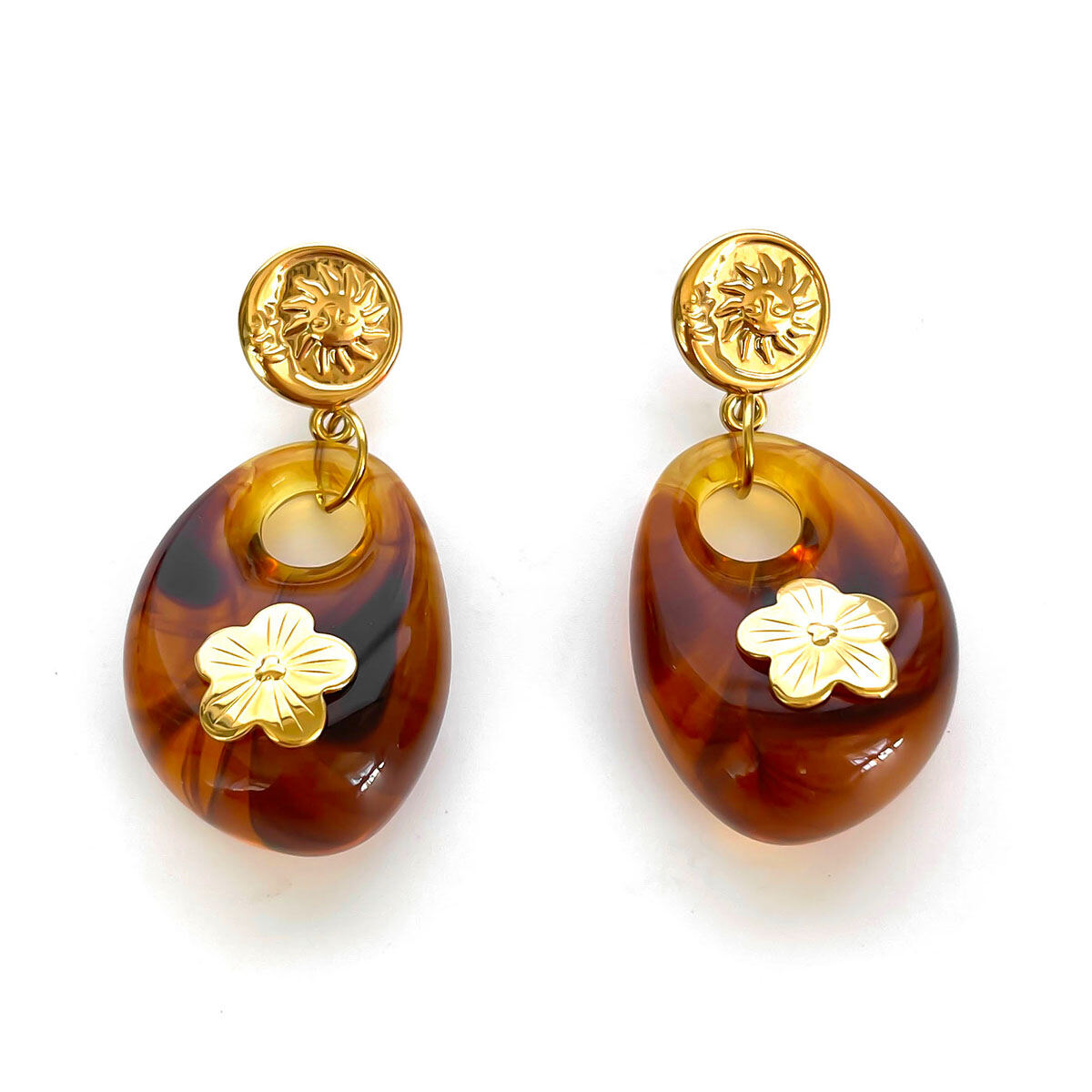 1 paio di orecchini pendenti a forma di fiore in resina color oro 