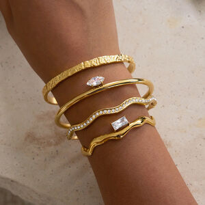 1 Piece Shinning Curve Stainless Steel Waterproof Gold Color Zircon Women's Cuff Bracelets h5 Picture6