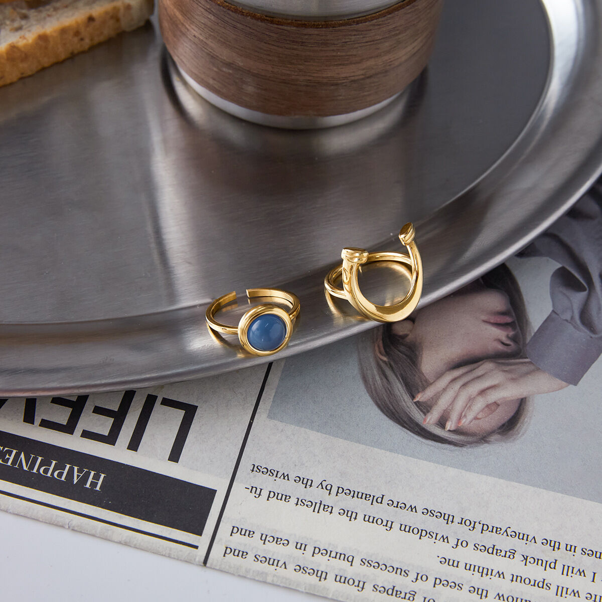 1 Piece Blue Resin Circle Stainless Steel Waterproof Gold Color Statement Rings h5 Picture3
