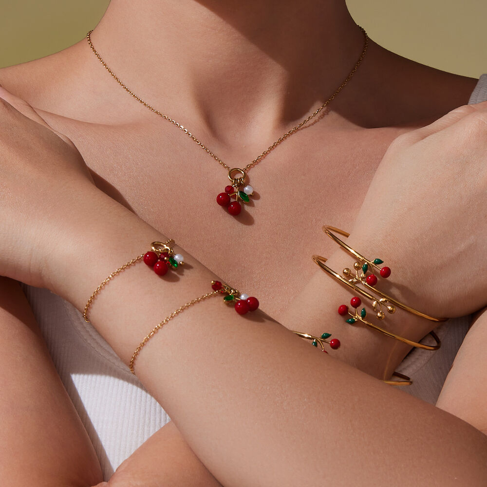Whimsical Cherry Stainless Steel Waterproof Gold Color Zircon Women's Jewelry Sets Picture5