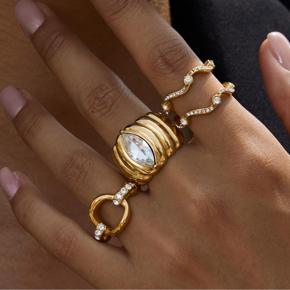 1 Piece Luxurious Strip Stainless Steel Waterproof Gold Color Statement Rings