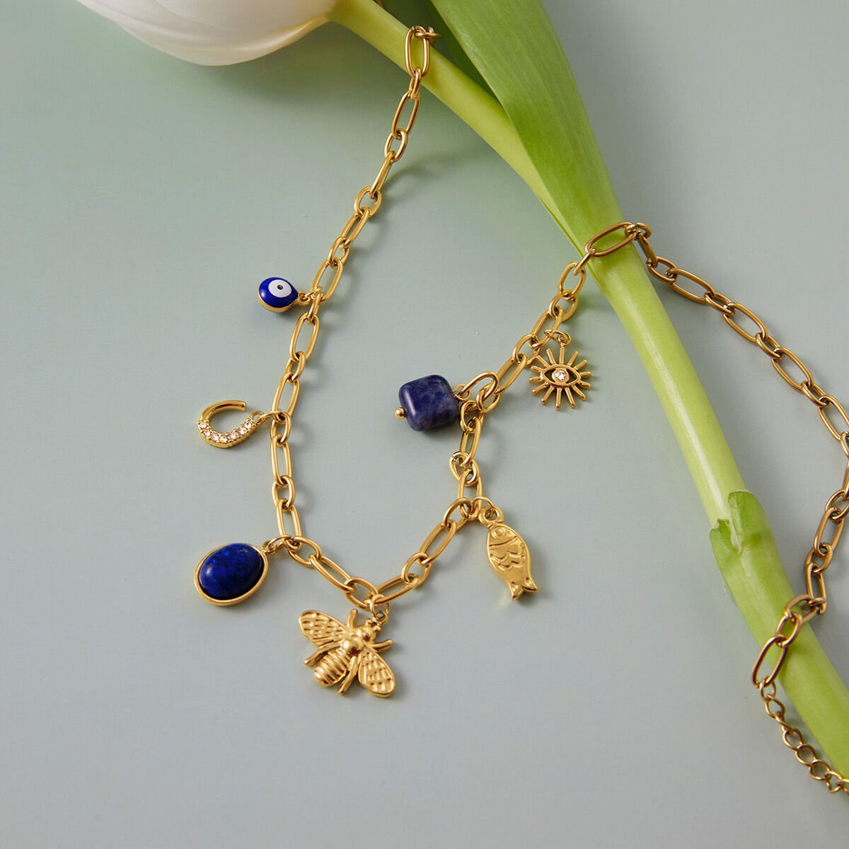 1 Piece Luxurious Bee Lapis Lazuli Stainless Steel Waterproof Gold Color Women's Pendant Necklaces h5 Picture5