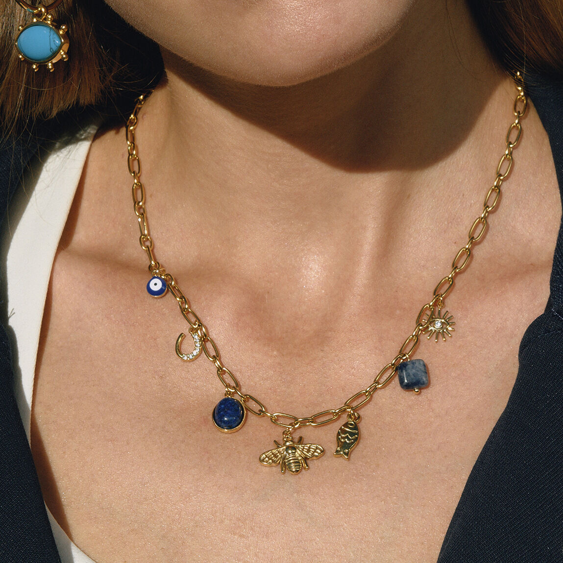 1 Piece Luxurious Bee Lapis Lazuli Stainless Steel Waterproof Gold Color Women's Pendant Necklaces h5 Picture3