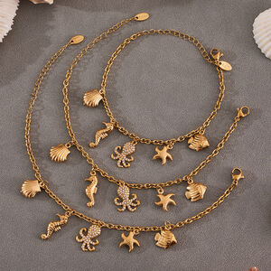 Schmucksets für Damen aus Edelstahl, wasserdicht, goldfarben, mit Zirkonia-Motiven aus der Serie „Meeresorganismen“. h5 Bild4