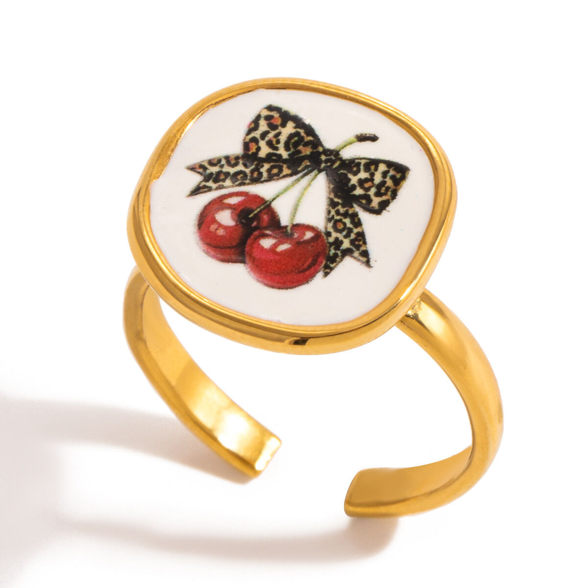 1 Piece Sweet Cherry Leopard Print Stainless Steel Waterproof Gold Color Statement Rings h5 