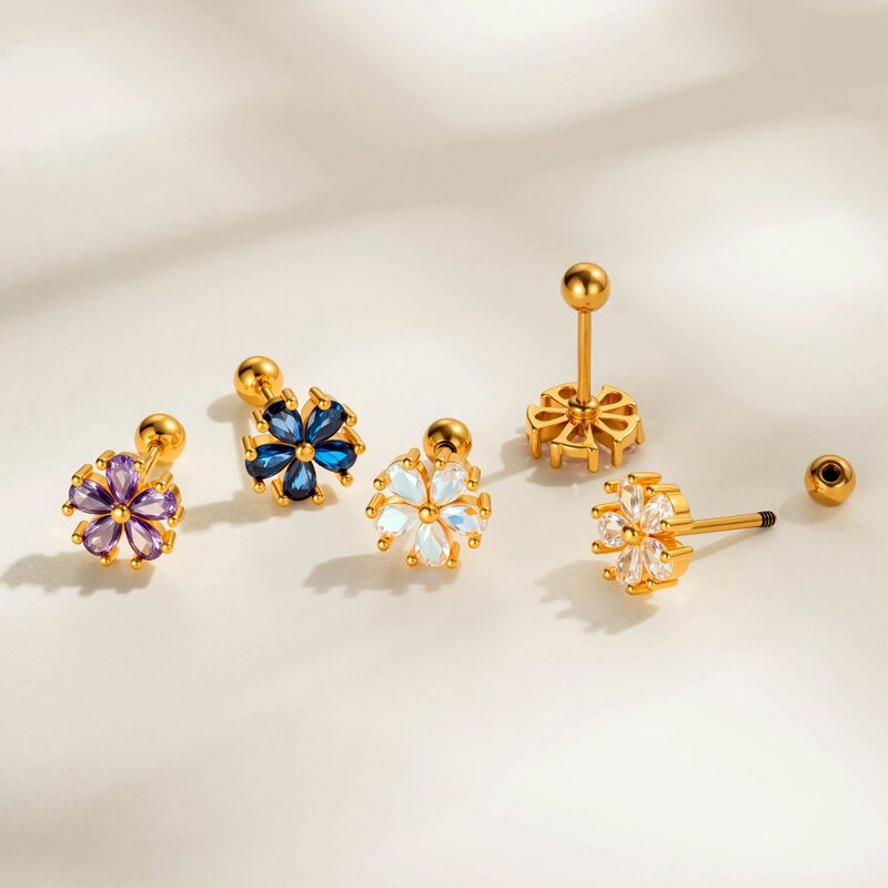1 Adet Çiçek Bakır Altın Rengi Zirkonyum Piercing Küpe 2