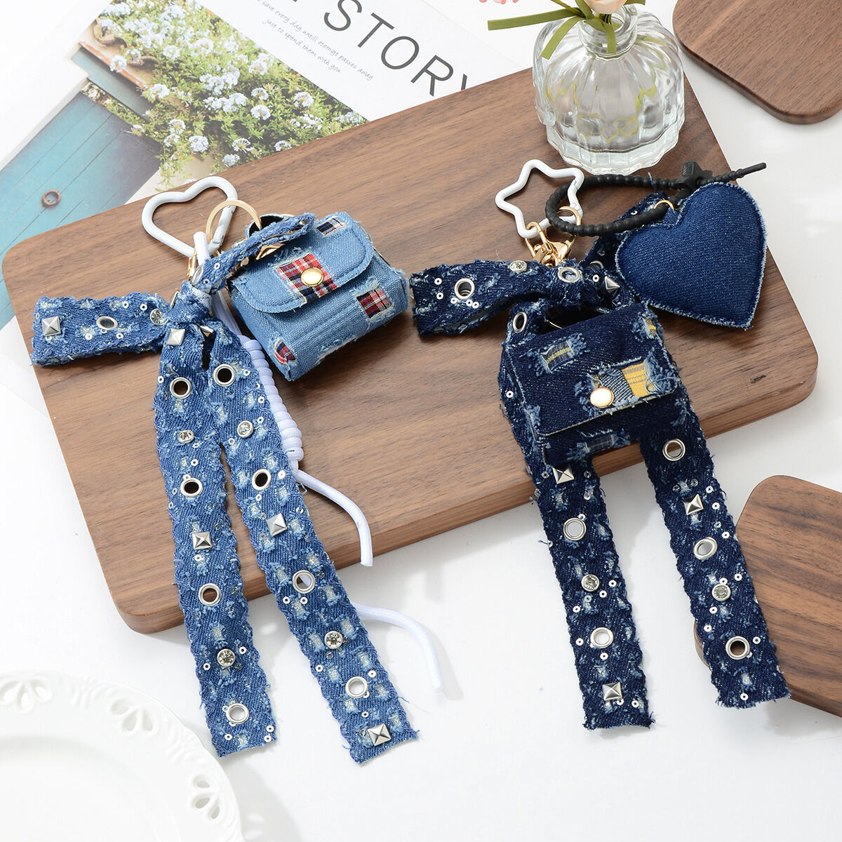 1 Piece Denim Heart Bow Knot Bag Charm