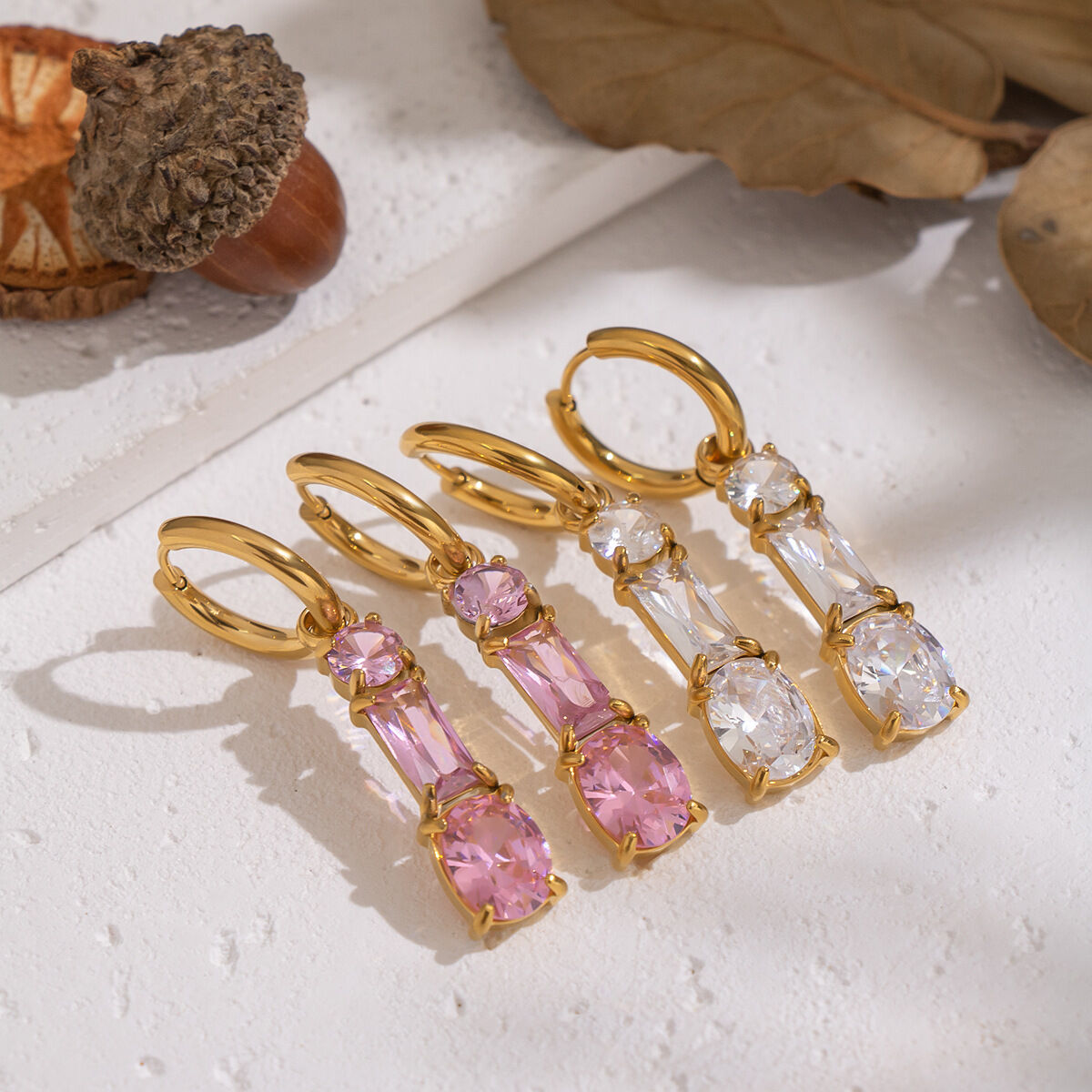 1 Pair Stainless Steel Waterproof Gold Color Pink Zircon Party Earrings 2