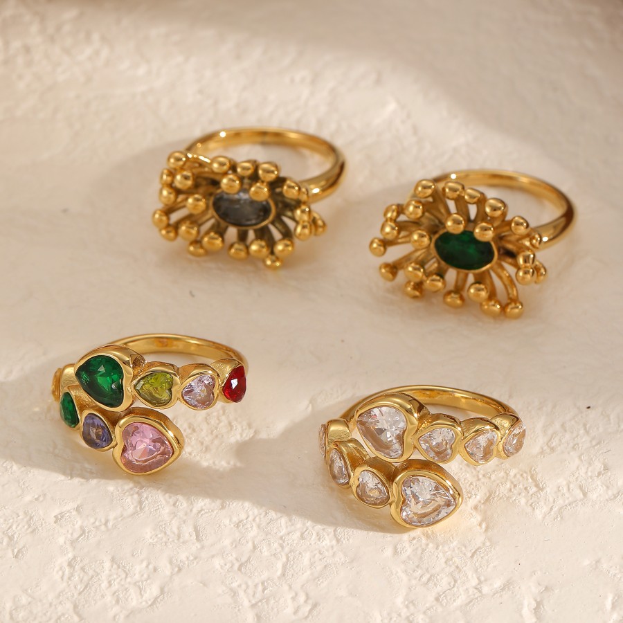1 Piece Retro Flower Stainless Steel Waterproof Gold Color Gemstone Ring