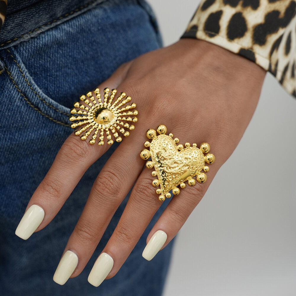 1 pezzo retrò cuore sole acciaio inossidabile impermeabile color oro anelli da donna h5Immagine5