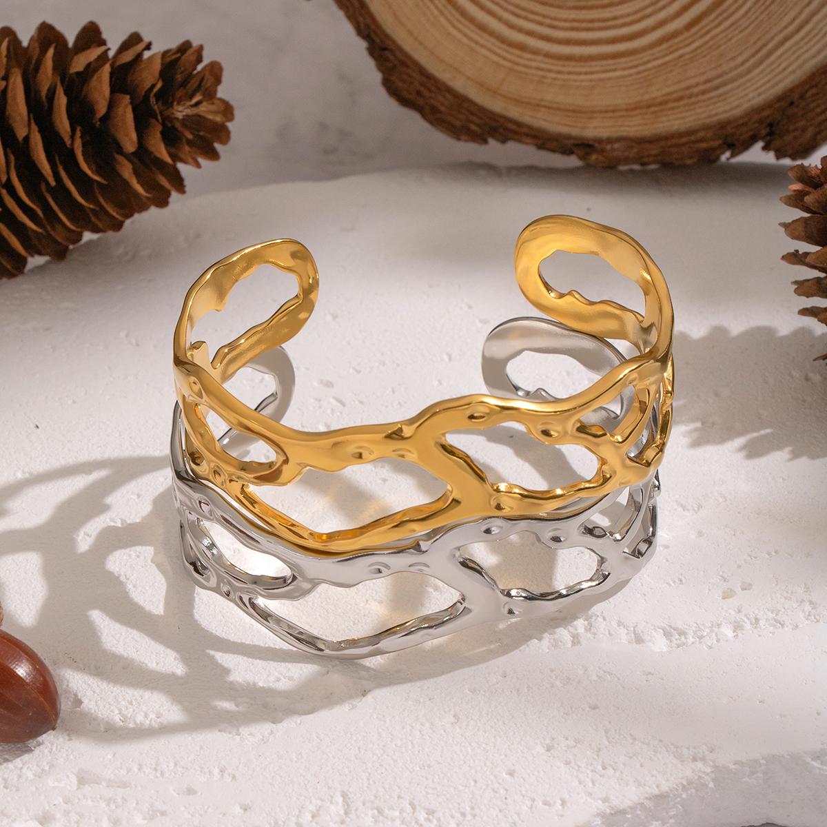 1 Piece Irregular Shape Hollowed-out Stainless Steel Waterproof Cuff Bracelet Picture3