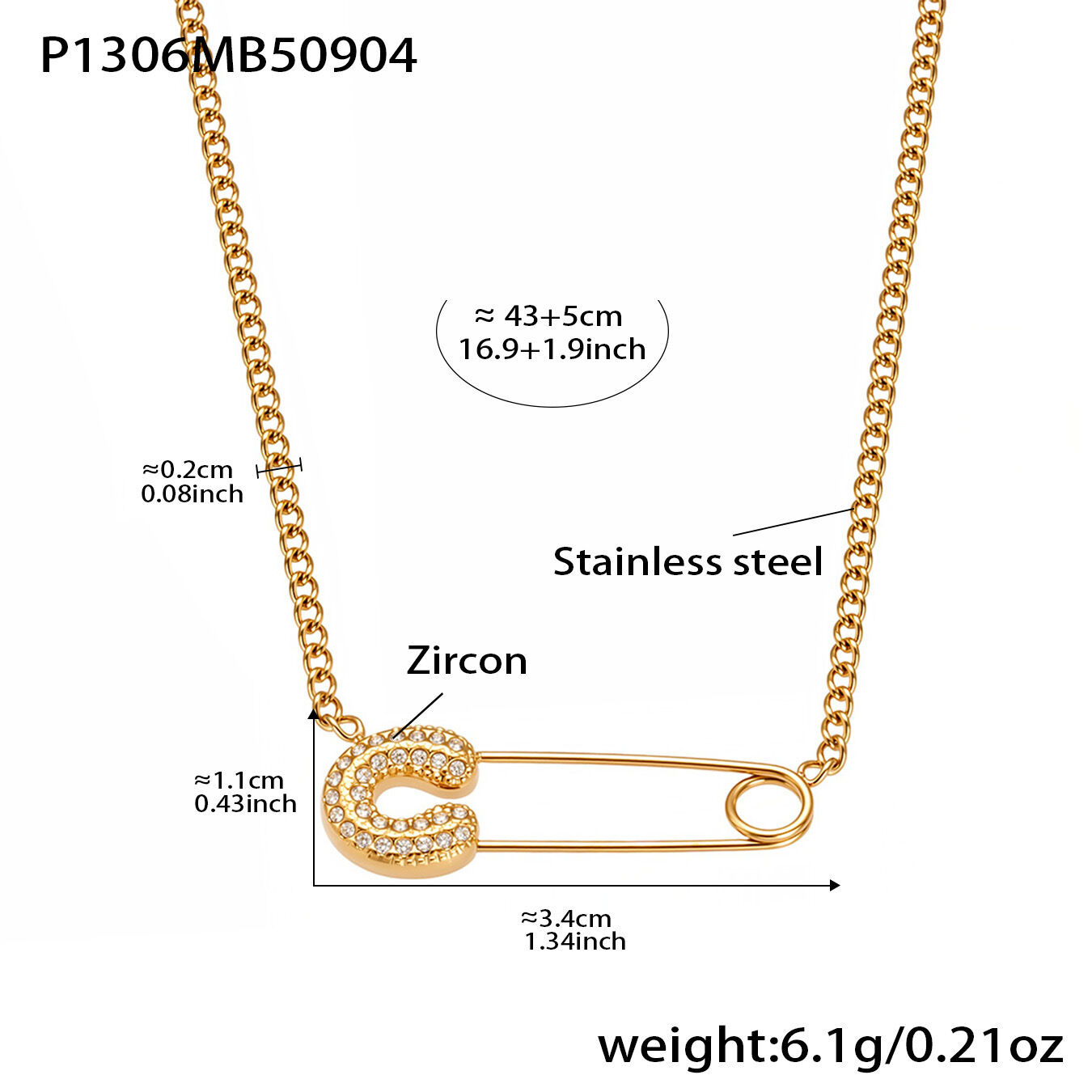 P1306-Golden Paperclip Zircon Necklace 43+5Cm Picture3