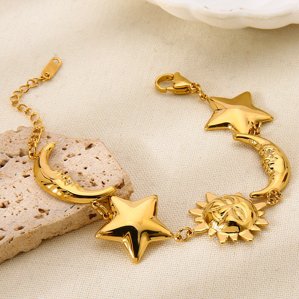 Braccialetti a catena da donna in acciaio inossidabile color oro impermeabile con sole e luna, 1 pezzo
