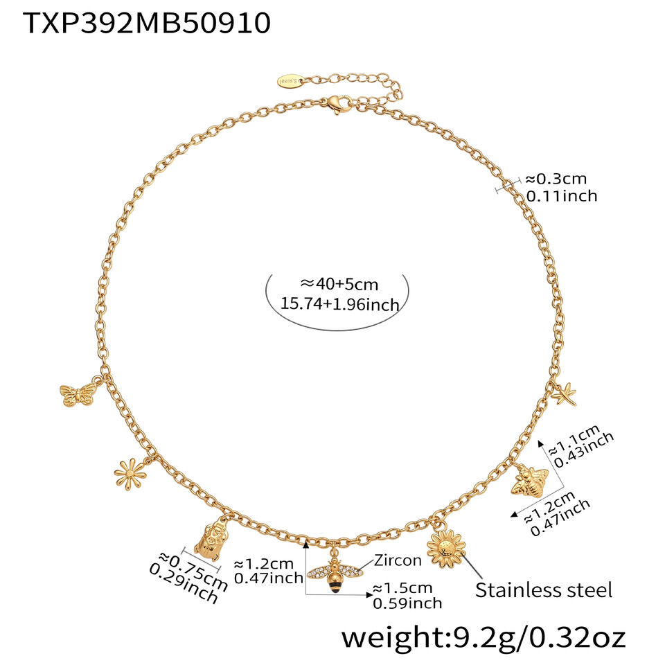 1 Piece Luxurious Flower&Bee Stainless Steel Waterproof Gold Color Women's Pendant Necklaces h5 
