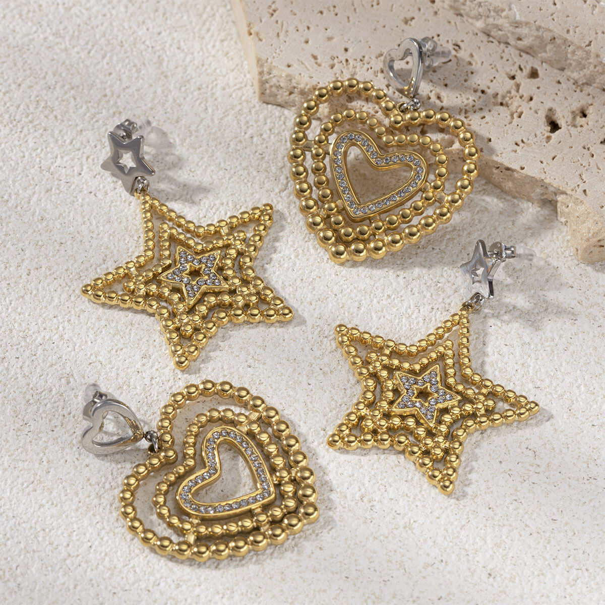 1 Pair Heart Star Stainless Steel Waterproof Gold Color Drop Earrings 2