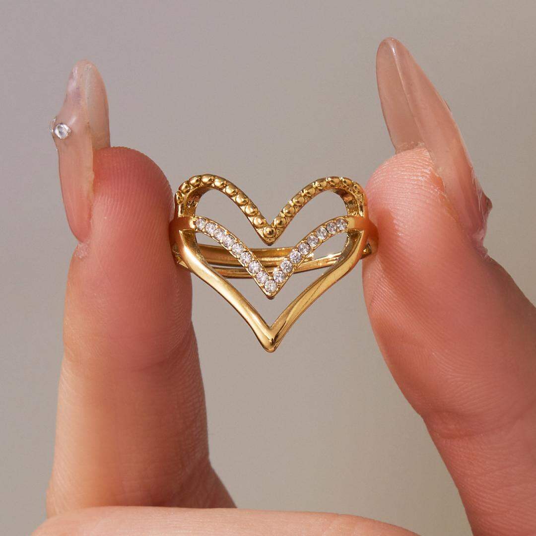 1 Piece Luxurious Heart Stainless Steel Waterproof Gold Color Zircon Women's Gemstone Rings h5Picture6
