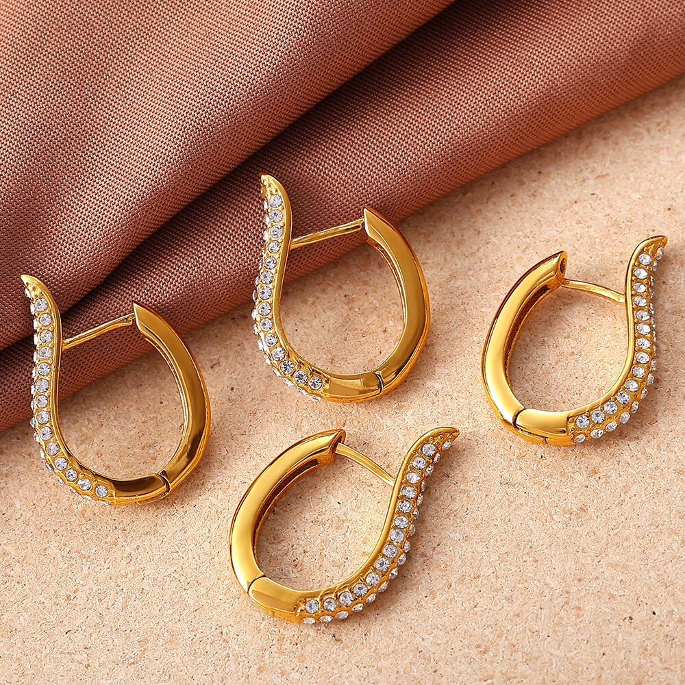 1 Pair Stainless Steel Waterproof Gold Color Crystal Hoop Earrings h5 Picture2