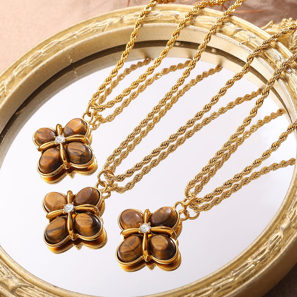 1 Piece Retro Flower Stainless Steel Waterproof Gold Color Natural Stone Pendant Necklace Picture2
