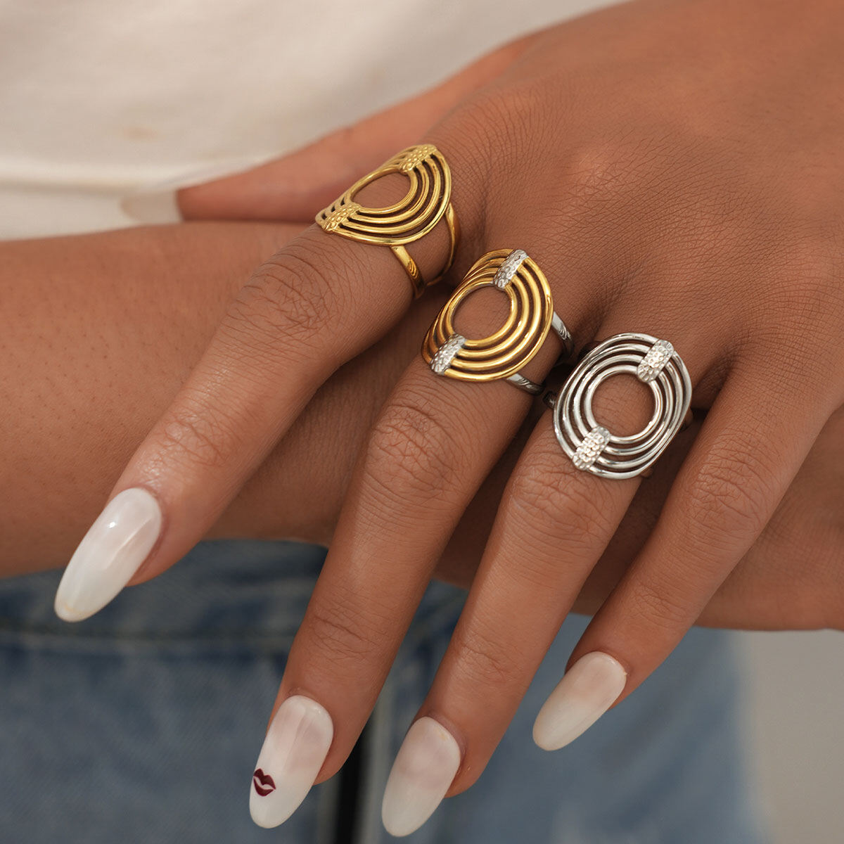 1 Piece  Casual Circle Stainless Steel Waterproof   Gold Color  Women's Statement Rings h5 Picture3