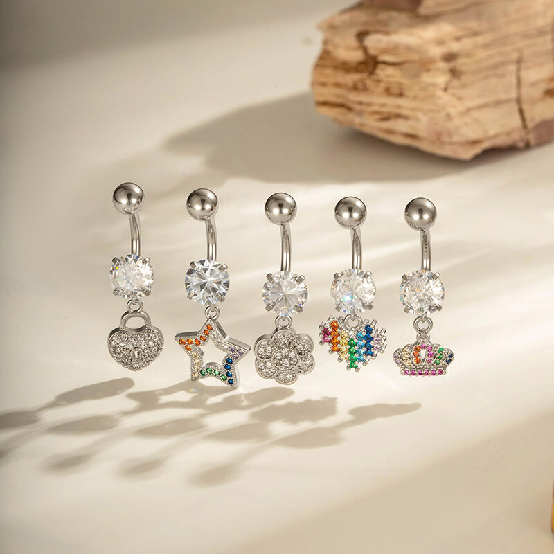 Piercing all'ombelico in zircone di rame a forma di cuore e stella con fiore, 1 pezzo