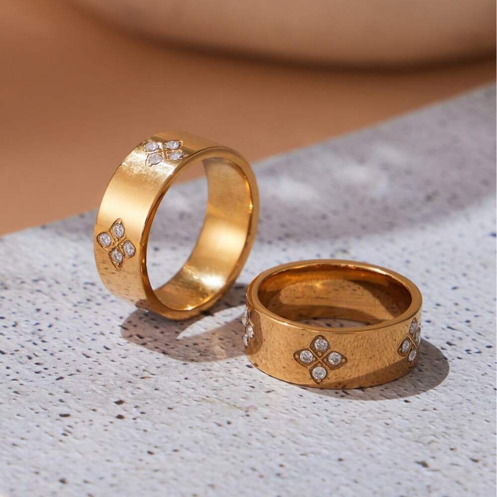 1 Piece Delicate Flower Stainless Steel Waterproof Gold Color Zircon Women's Gemstone Rings Picture7